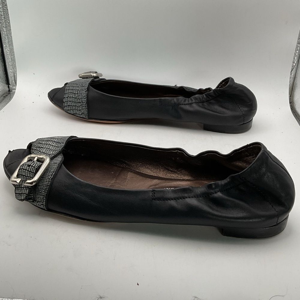 AGL ladies ballet flats shoes 38 1/2 us 8 1/2 black silver peep toe leather chic - Picture 6 of 13